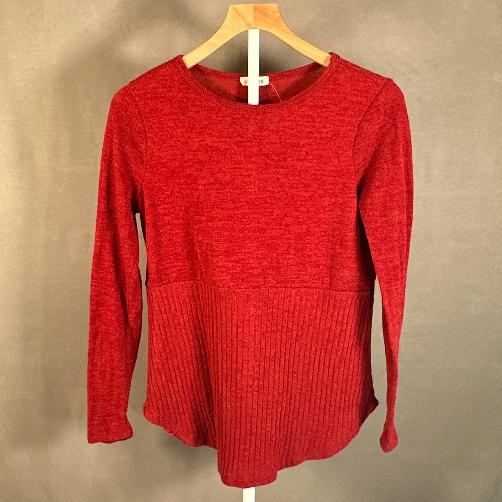 Viamor Womens Red Ribbed Mixed Knit Long Sleeve Top Size Medium 1856T